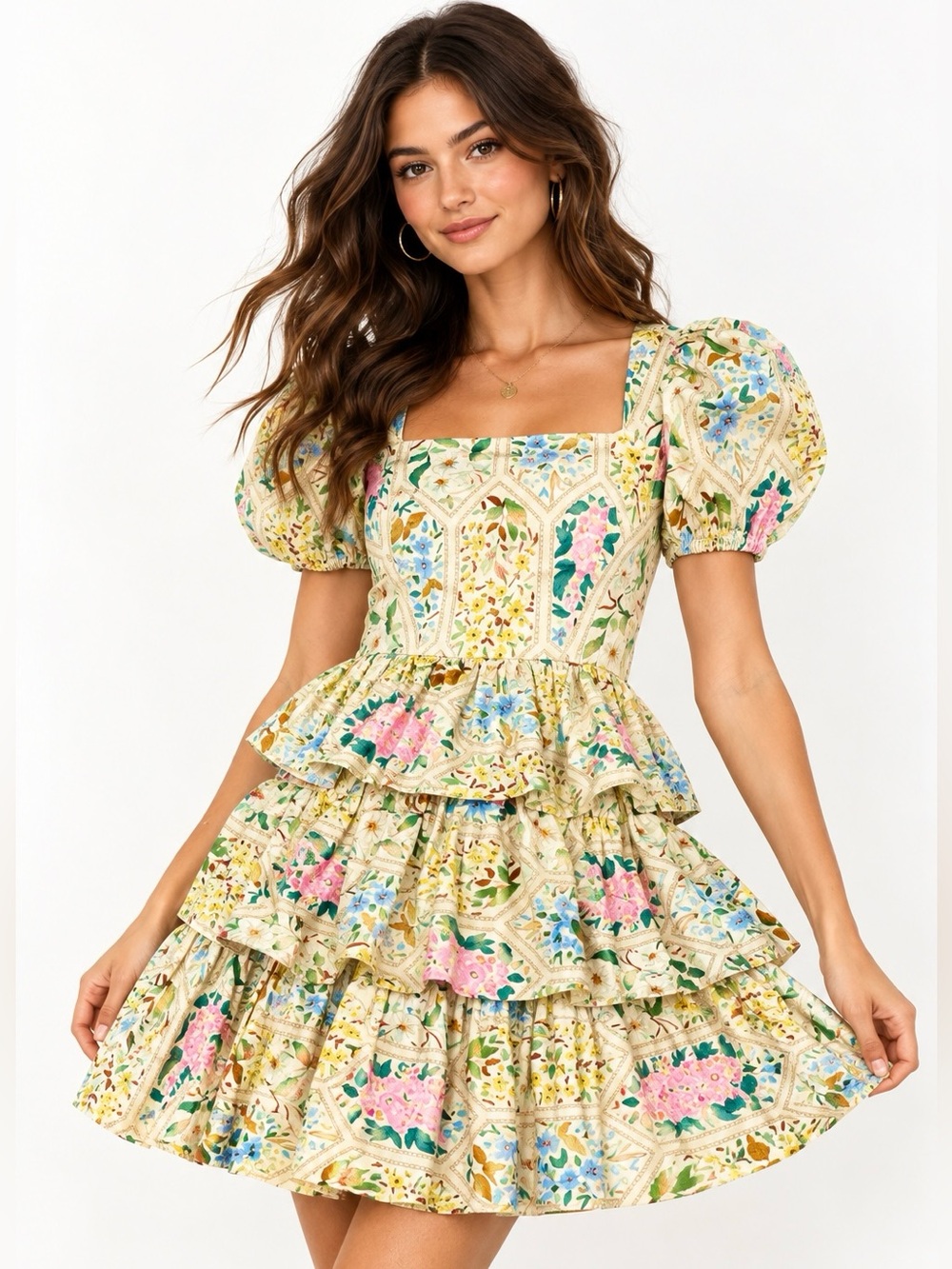 Hunter Bell Porter Tiered Ruffle Mini Dress Floral Puff Sleeve Size 10